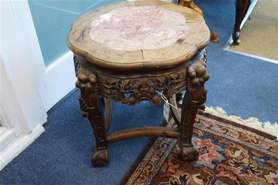A Chinese hardwood stand with rouge marble top W.44cm, H.46cm